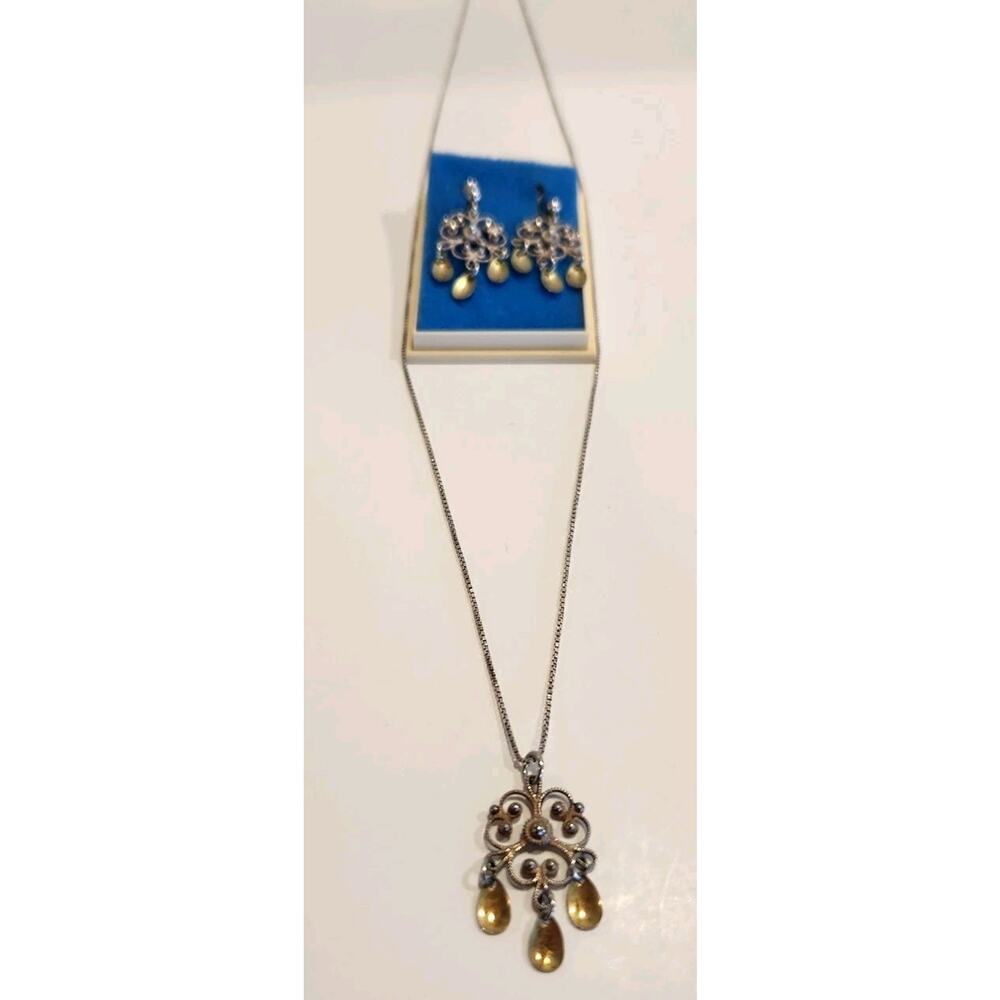 Vtg Solje Norway Matching Dangle Earrings & Pendant Necklace Set Bride Wedding